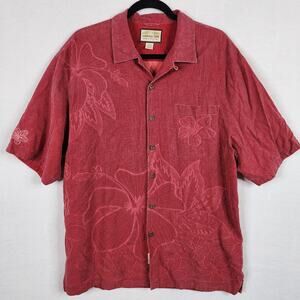 Jamaica Jaxx 100% Silk Hawaiian Shirt Hibiscus Palm Red Pocket Vacation Size L